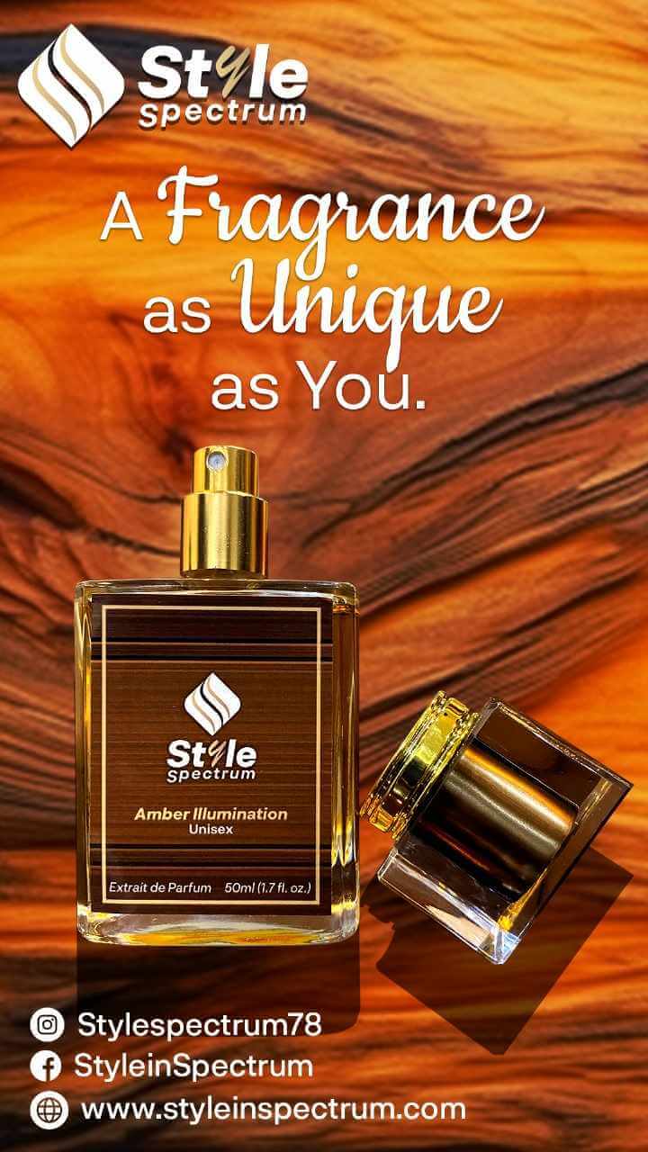 Amber Illumination perfume graphic showing sweet and woody fragrance with golden warm tones for unisex daily wear