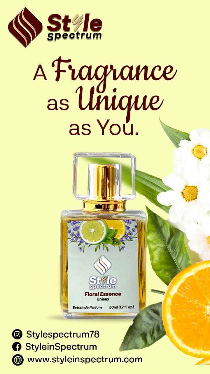 Floral Essence perfume graphic featuring citrus and floral fragrance in a fresh, elegant, and modern unisex theme