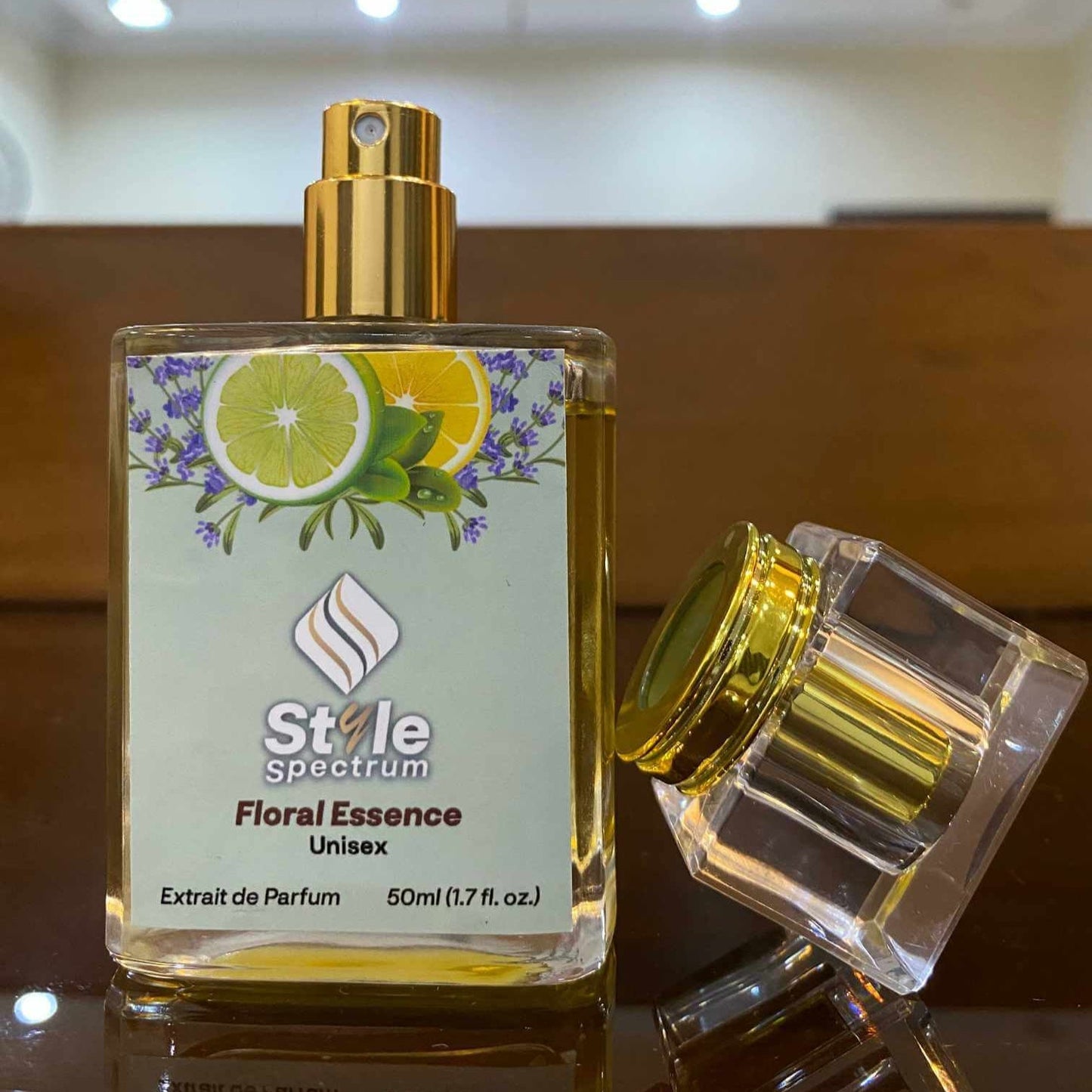 Floral Essence perfume bottle with fresh citrus and floral notes, suitable for unisex use