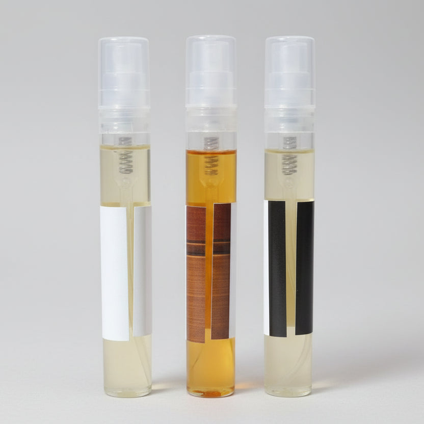 Perfume sampler set back view showing labels and fragrance details